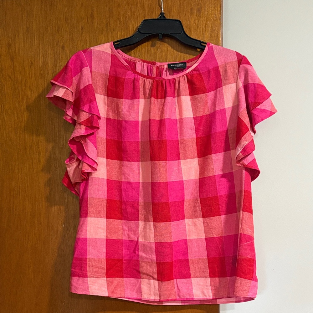 Kate Spade Pink Plaid Ruffle Sleeve Top